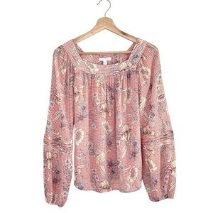 Lauren Conrad Gingham Floral Square Neck Peasant Top Long Sleeve Boho Blouse XS